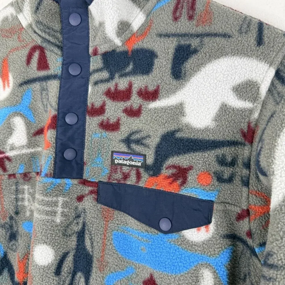 Patagonia Synchilla Jacket Boys XL 14 Animal Print Gray Fleece Snap Pullover